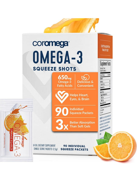 Coromega, Omega-3 Squeeze Packets, Orange, 90 Individual Squeeze Packets