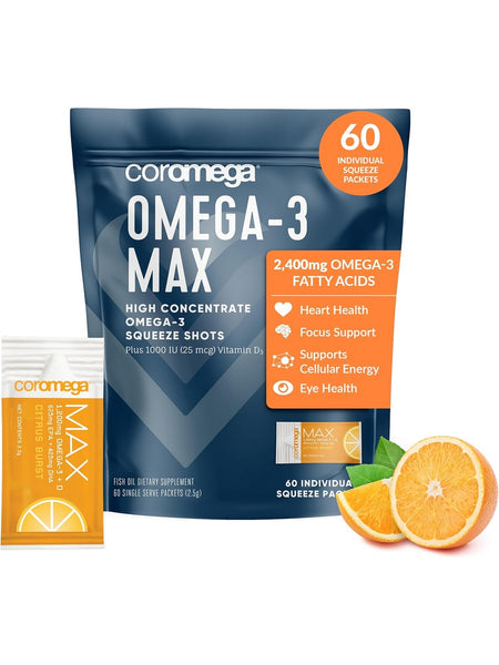 Coromega, MAX Omega-3 Citrus Burst Bag, 60 Individual Squeeze Packets