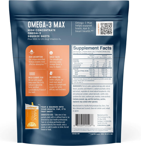 Coromega, MAX Omega-3 Citrus Burst Bag, 60 Individual Squeeze Packets