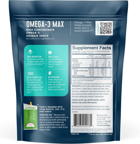 Coromega, MAX Omega-3 Coconut Bliss Bag, 60 Individual Squeeze Packets