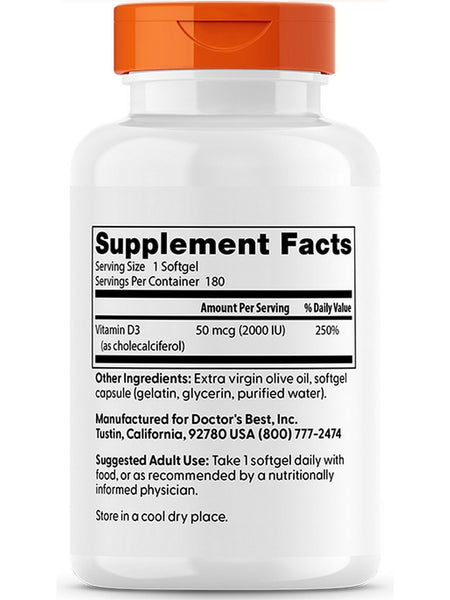 Doctor's Best, Vitamin D3, 2,000 IU, 180 Softgels
