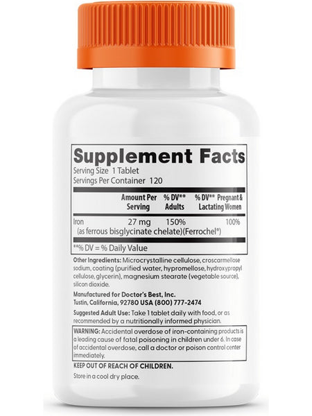 Doctor's Best, High Absorption Iron, 27 mg, 120 Tablets