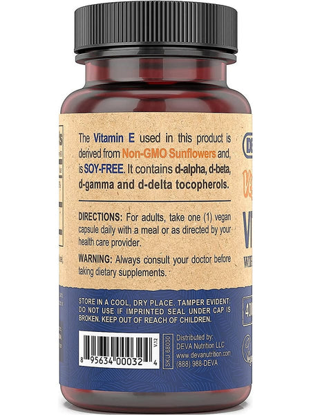 DEVA Nutrition, Vegan Vitamin E with Mixed Tocopherols, 400 IU, 60 Vegan Caps