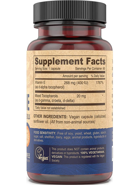 DEVA Nutrition, Vegan Vitamin E with Mixed Tocopherols, 400 IU, 60 Vegan Caps