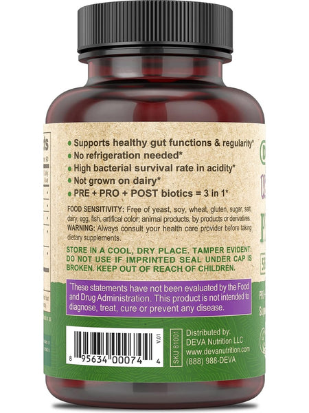 DEVA Nutrition, Vegan Probiotic with Prebiotics and Postbiotics, 5 Billion CFU, 90 Vegan Caps