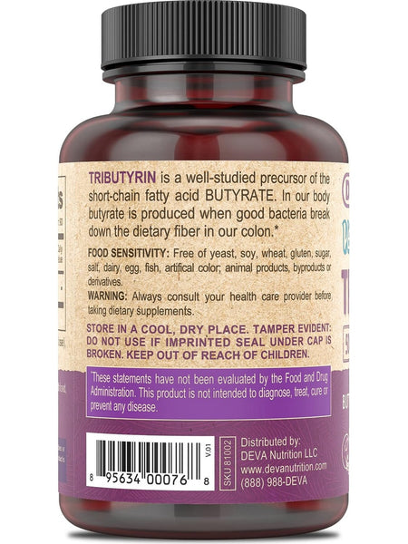 DEVA Nutrition, Vegan Tributyrin, 500 mg, 90 Vegan Caps