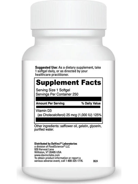 DaVinci Laboratories, Vitamin D3 1000 IU, 250 Softgels