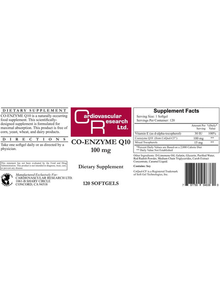 Cardiovascular Research Ltd., Co-Enzyme Q10, 100 mg, 120 Softgels