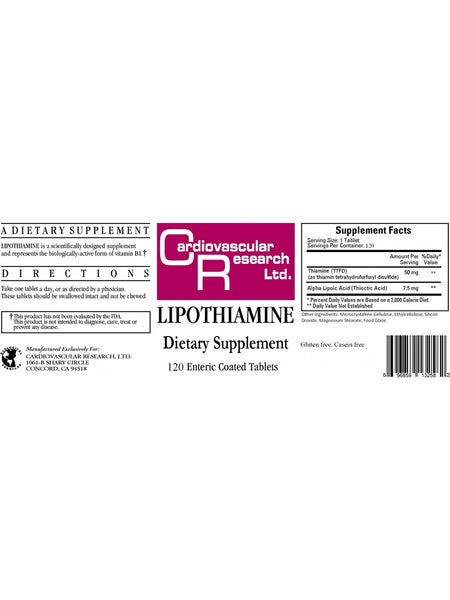 Cardiovascular Research Ltd., Lipothiamine, 120 Enteric Coated Tablets