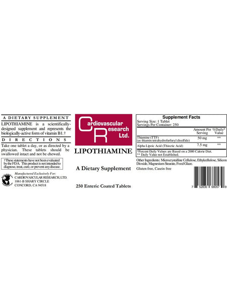 Cardiovascular Research Ltd., Lipothiamine, 250 Enteric Coated Tablets