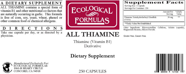 Ecological Formulas, All Thiamine, 250 Capsules