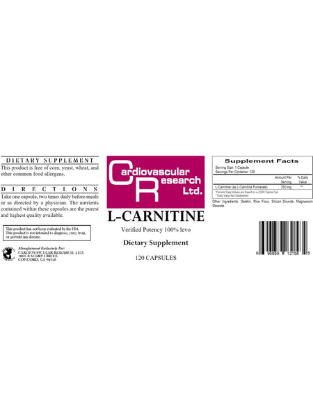 Cardiovascular Research Ltd., L-Carnitine, 120 Capsules