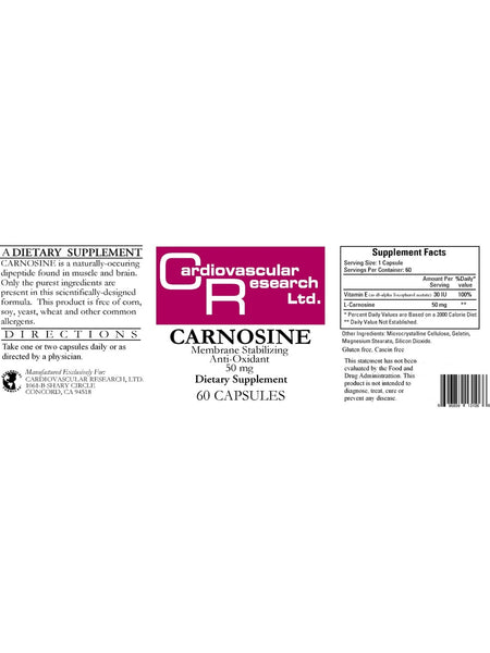 Cardiovascular Research Ltd., Carnosine, 50 mg, 60 Capsules