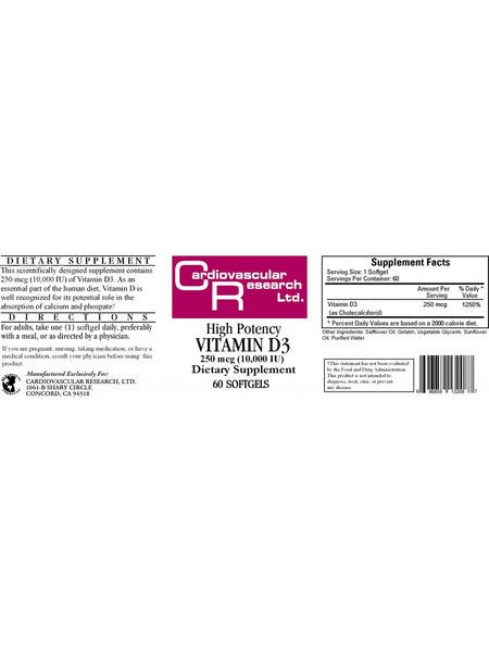 Cardiovascular Research Ltd., High Potency Vitamin D3, 250 mcg, 60 Softgels