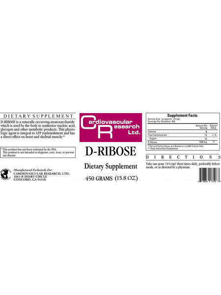 Cardiovascular Research Ltd., D-Ribose, 450 grams
