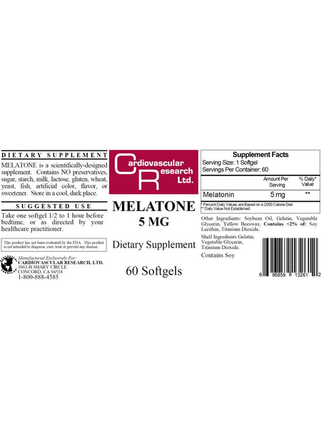 Cardiovascular Research Ltd., Melatone, 5 mg, 60 Softgels