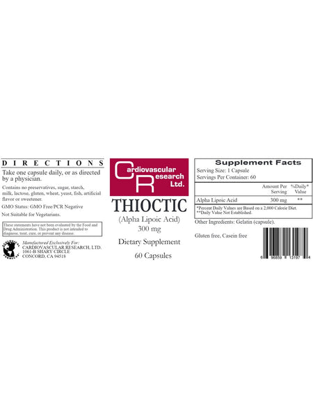 Cardiovascular Research Ltd., Thioctic, 300 mg, 60 Capsules
