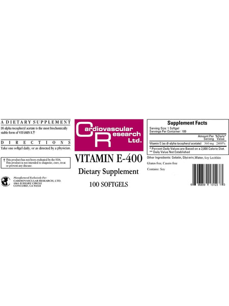 Cardiovascular Research Ltd., Vitamin E-400, 100 Softgels