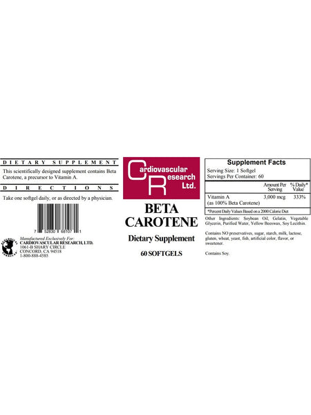 Cardiovascular Research Ltd., Beta Carotene, 60 Softgels