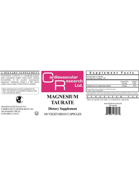 Cardiovascular Research Ltd., Magnesium Taurate, 180 Vegetarian Capsules