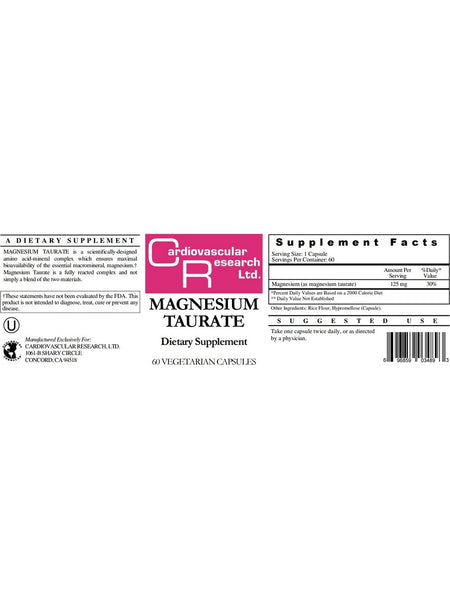 Cardiovascular Research Ltd., Magnesium Taurate, 60 Vegetarian Capsules