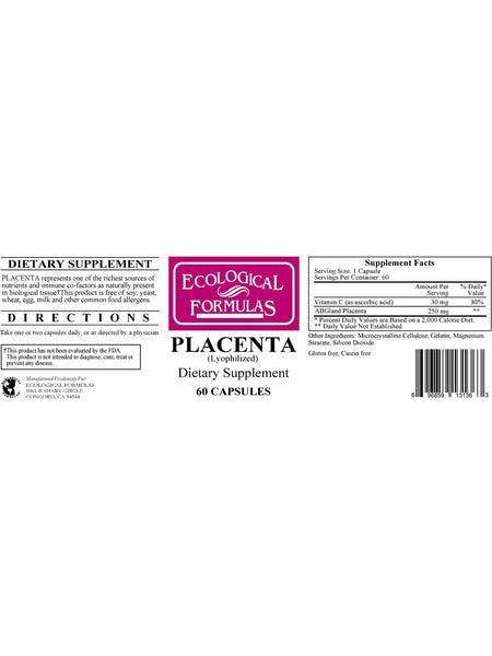 Ecological Formulas, Placenta, 60 Capsules