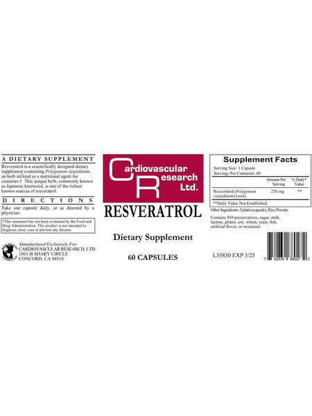 Cardiovascular Research Ltd., Resveratrol, 60 Capsules