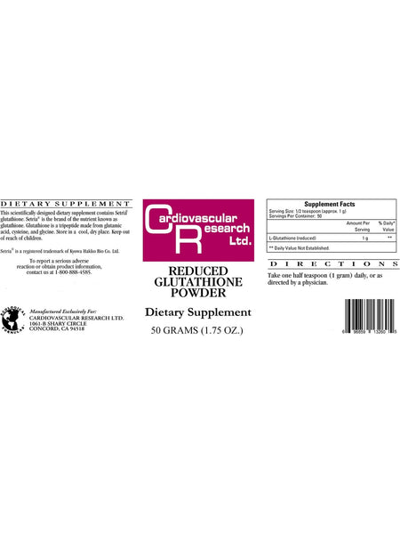 Cardiovascular Research Ltd., Reduced Glutathione Powder, 50 grams