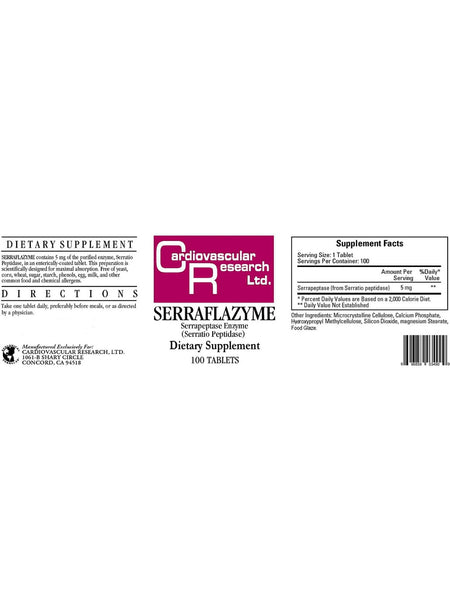 Cardiovascular Research Ltd., Serraflazyme, 100 Tablets