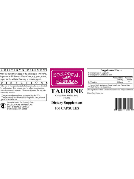 Ecological Formulas, Taurine, 500 mg, 100 Capsules
