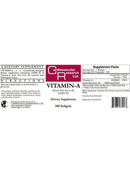 Cardiovascular Research Ltd., Vitamin-A, 10,000 IU, 100 Softgels