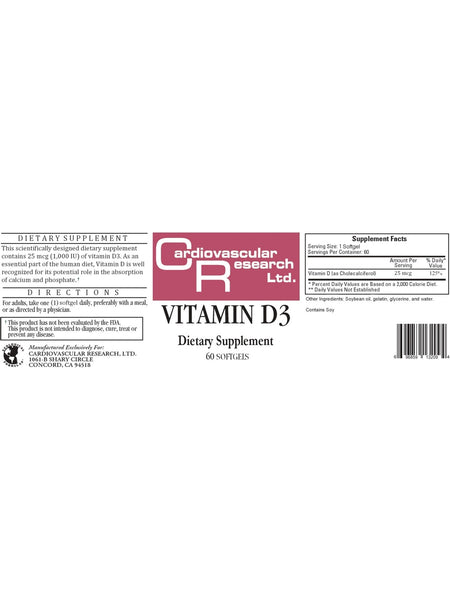 Cardiovascular Research Ltd., Vitamin D3, 60 Softgels