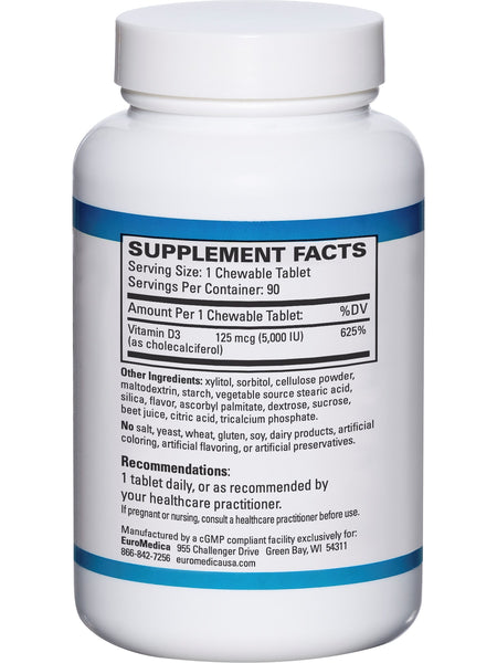 EuroMedica, Vitamin D3, Mixed Berry, 5000 IU, 90 Chewable Tablets