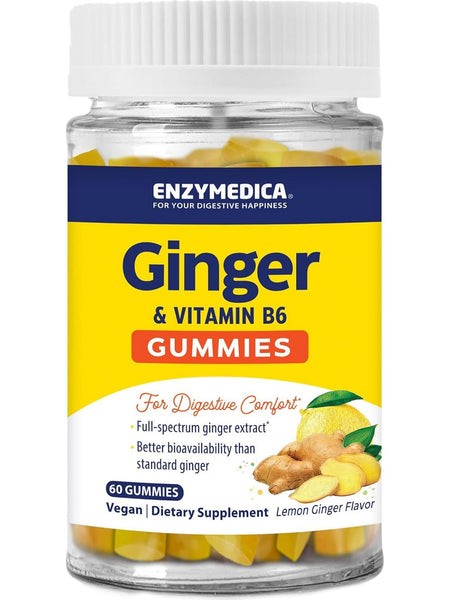 Enzymedica, Ginger & Vitamin B6 Gummies, Lemon Ginger, 60 Gummies