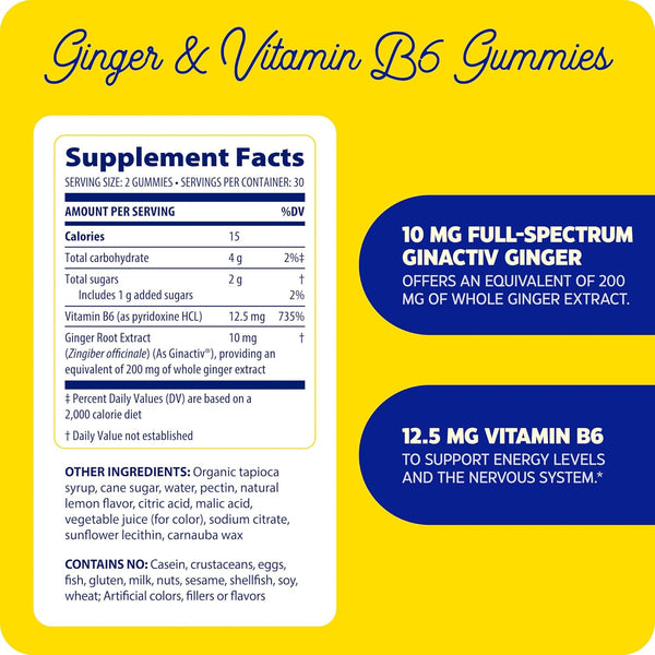 Enzymedica, Ginger & Vitamin B6 Gummies, Lemon Ginger, 60 Gummies