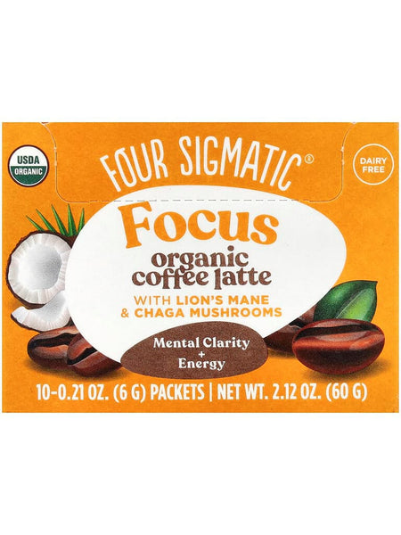 Four Sigmatic, Focus Organic Coffee Latte with Lion's Mane and Chaga Mushrooms, 10 Packets