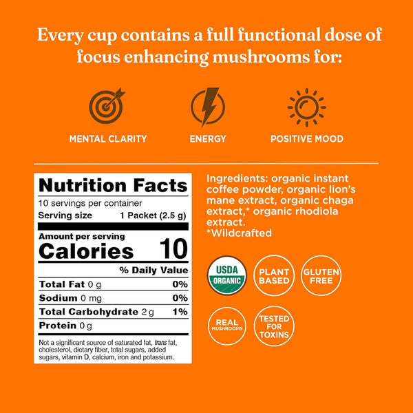 Four Sigmatic, Focus Organic Coffee Latte with Lion's Mane and Chaga Mushrooms, 10 Packets