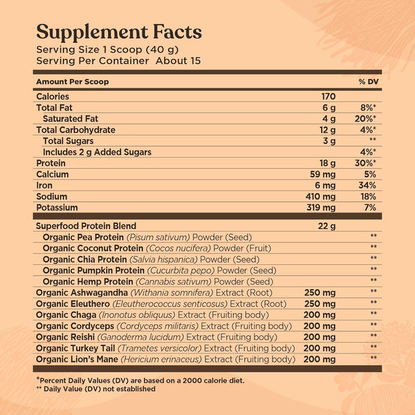 Four Sigmatic, Plant-Based Organic Protein, Creamy Cacao, 21.16 oz