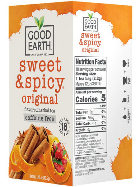 Good Earth Tea, Sweet and Spicy, Original Flavored Herbal Tea, Caffeine Free, 18 Tea Bags