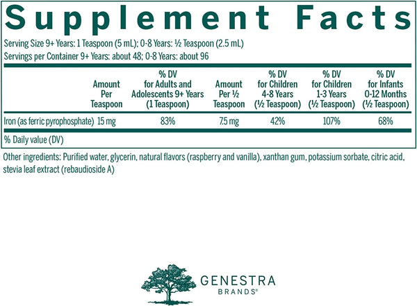 Genestra, Liquid Iron Dietary Supplement, Natural Raspberry Flavor, 8.1 fl oz