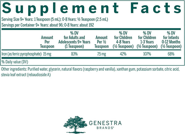 Genestra, Liquid Iron Dietary Supplement, Natural Raspberry Flavor, 16.2 fl oz