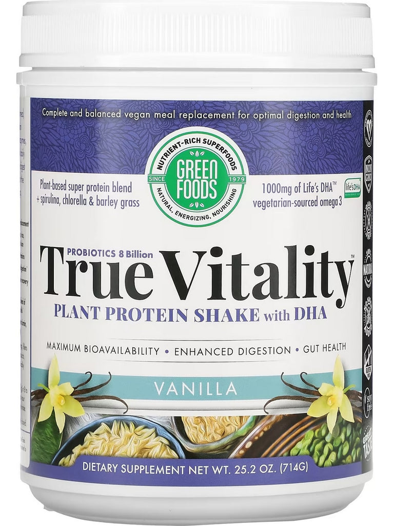 Green Foods, Probiotics 8 Billion, True Vitality, Plant Protein Shake with DHA, Vanilla, 25.2 oz