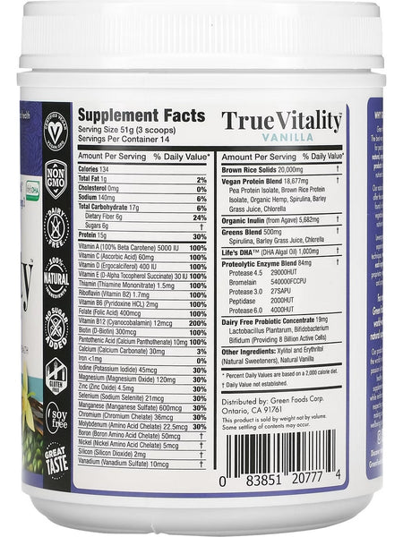 Green Foods, Probiotics 8 Billion, True Vitality, Plant Protein Shake with DHA, Vanilla, 25.2 oz