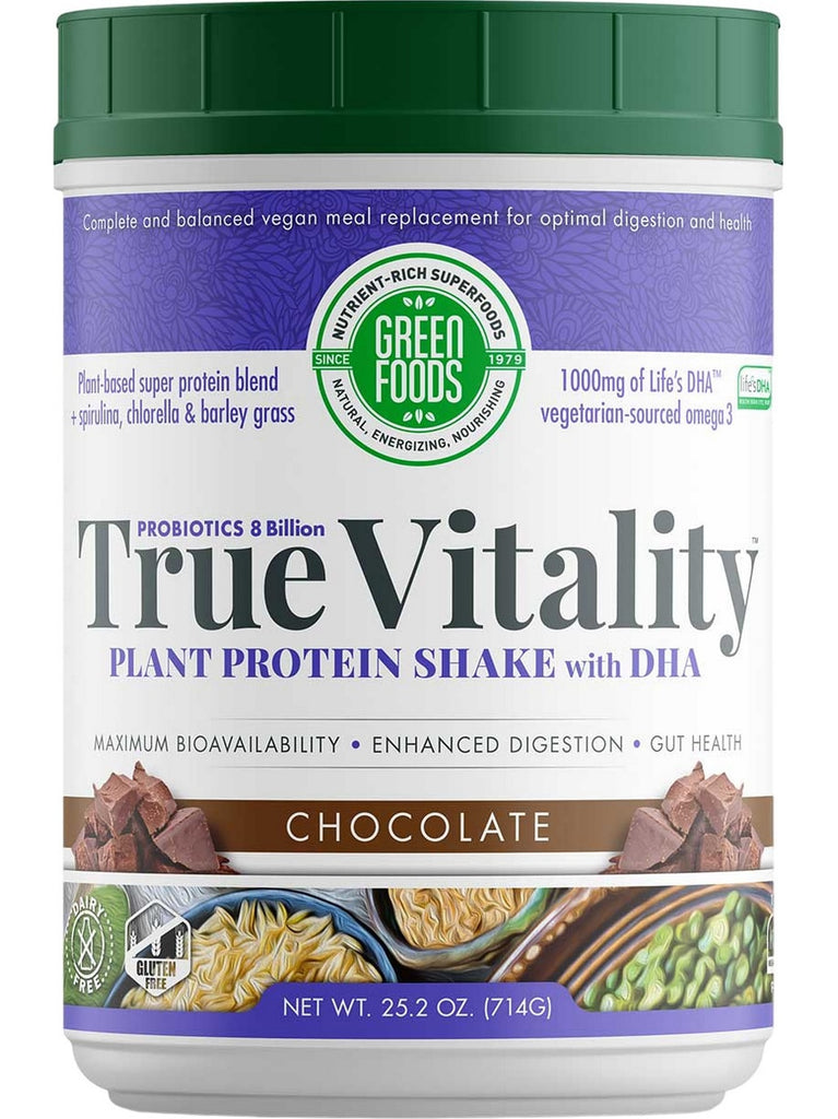 Green Foods, Probiotics 8 Billion, True Vitality, Plant Protein Shake with DHA, Chocolate, 25.2 oz