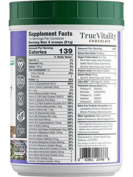 Green Foods, Probiotics 8 Billion, True Vitality, Plant Protein Shake with DHA, Chocolate, 25.2 oz