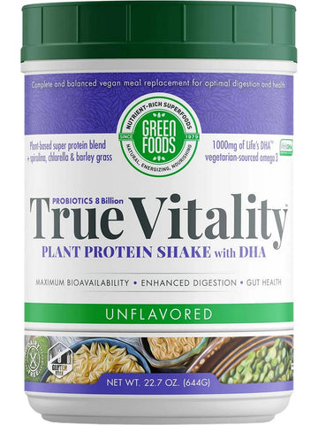 Green Foods, Probiotics 8 Billion, True Vitality, Plant Protein Shake with DHA, Unflavored, 25.2 oz