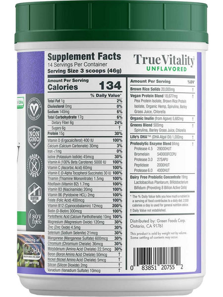 Green Foods, Probiotics 8 Billion, True Vitality, Plant Protein Shake with DHA, Unflavored, 25.2 oz