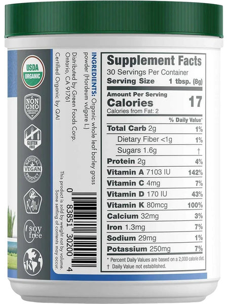 Green Foods, Organic and Raw Barley Grass Powder, 8.5 oz