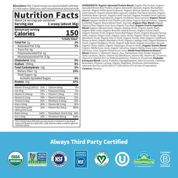 Garden of Life, Raw Organics, Meal, Vanilla Chai, 18.76 oz