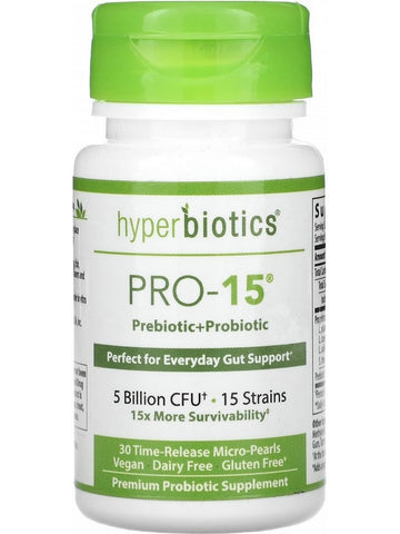Hyperbiotics, PRO-15, Prebiotic+Probiotic, 5 Billion CFU, 30 Time-Release Micro-Pearls